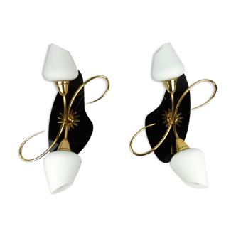 Arlus black and brass opaline sconces 1960