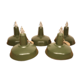 Lot of 5 industrial lamps hanging green enamel sheet metal, workshop, garage, factory.
