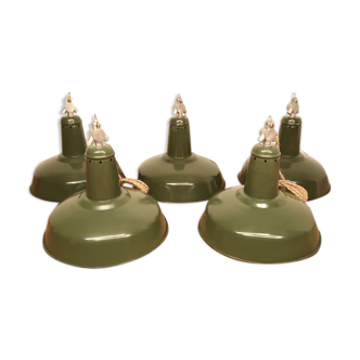 Lot of 5 industrial lamps hanging green enamel sheet metal, workshop, garage, factory.