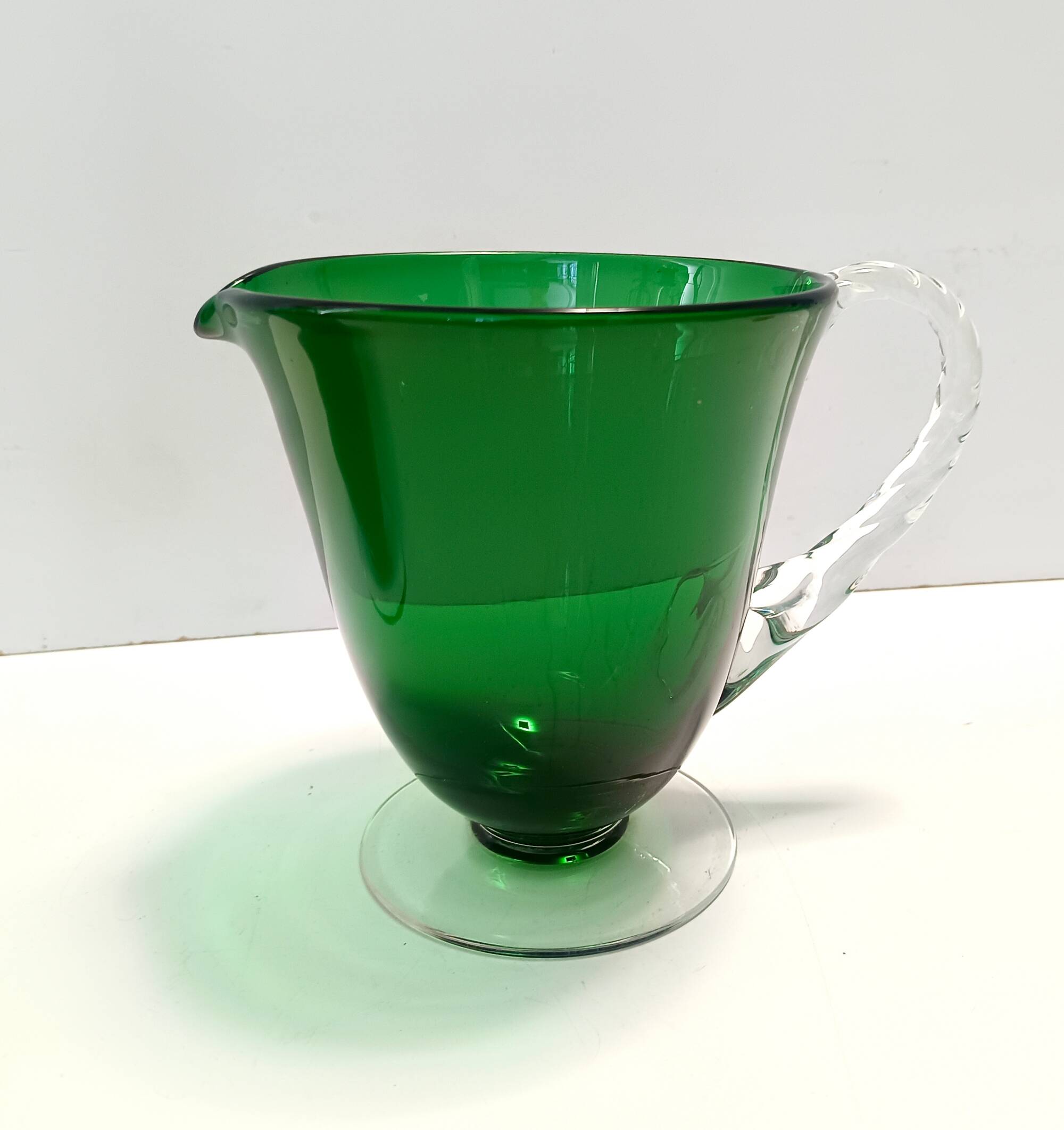 Pair of Green Hand-Blown Glass Wine and Water Pitchers, Empoli