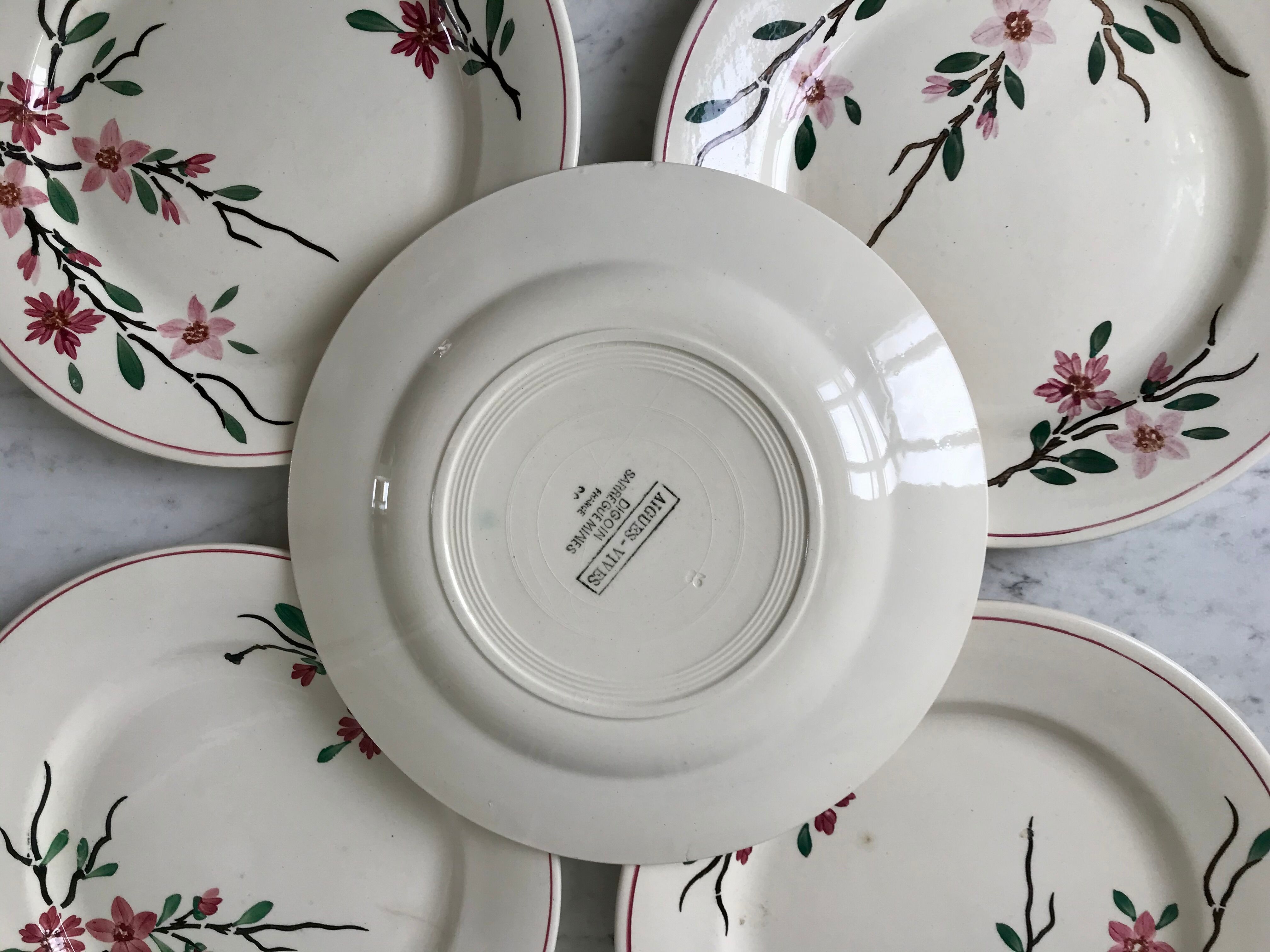 5 flat plates Digoin Sarreguemines model Aigues-Vives hand painted years 30-40
