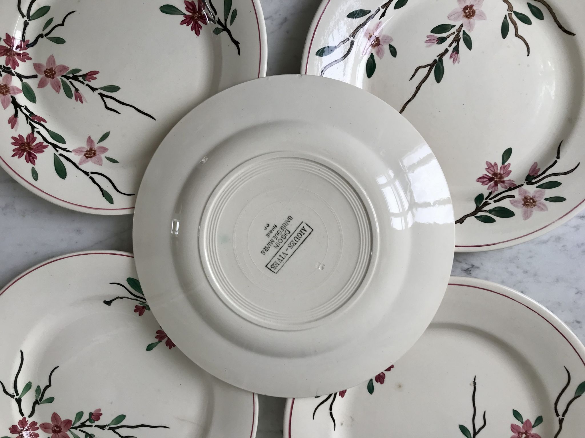5 flat plates Digoin Sarreguemines model Aigues-Vives hand painted years 30-40