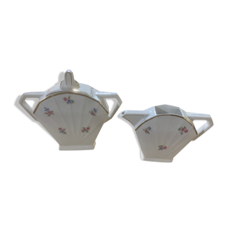 Teapot and sugar white porcelain with flowers and golden border Digoin Sarreguemines