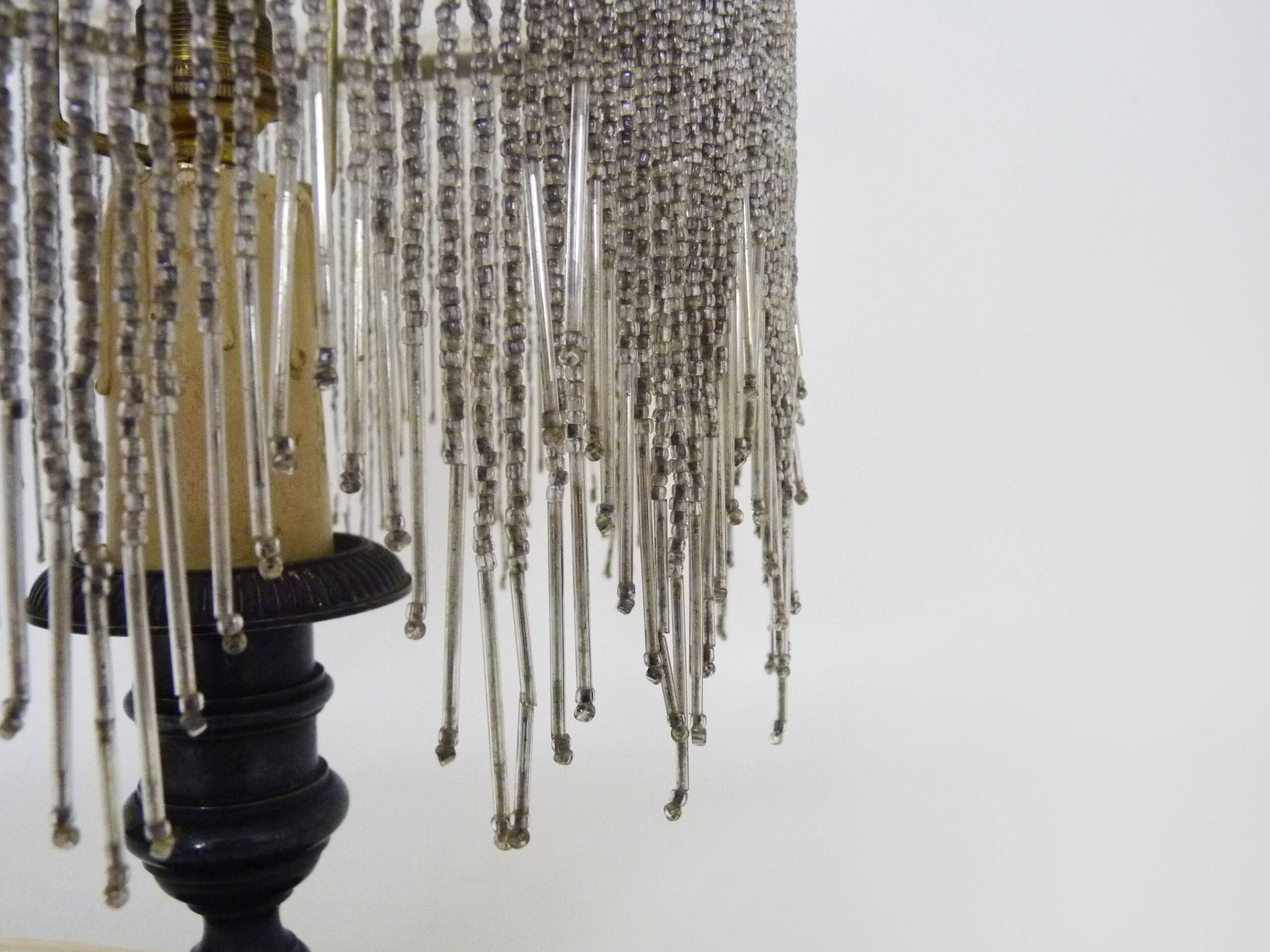 Table lamp, bedside lamp, silver metal base, globe and beads