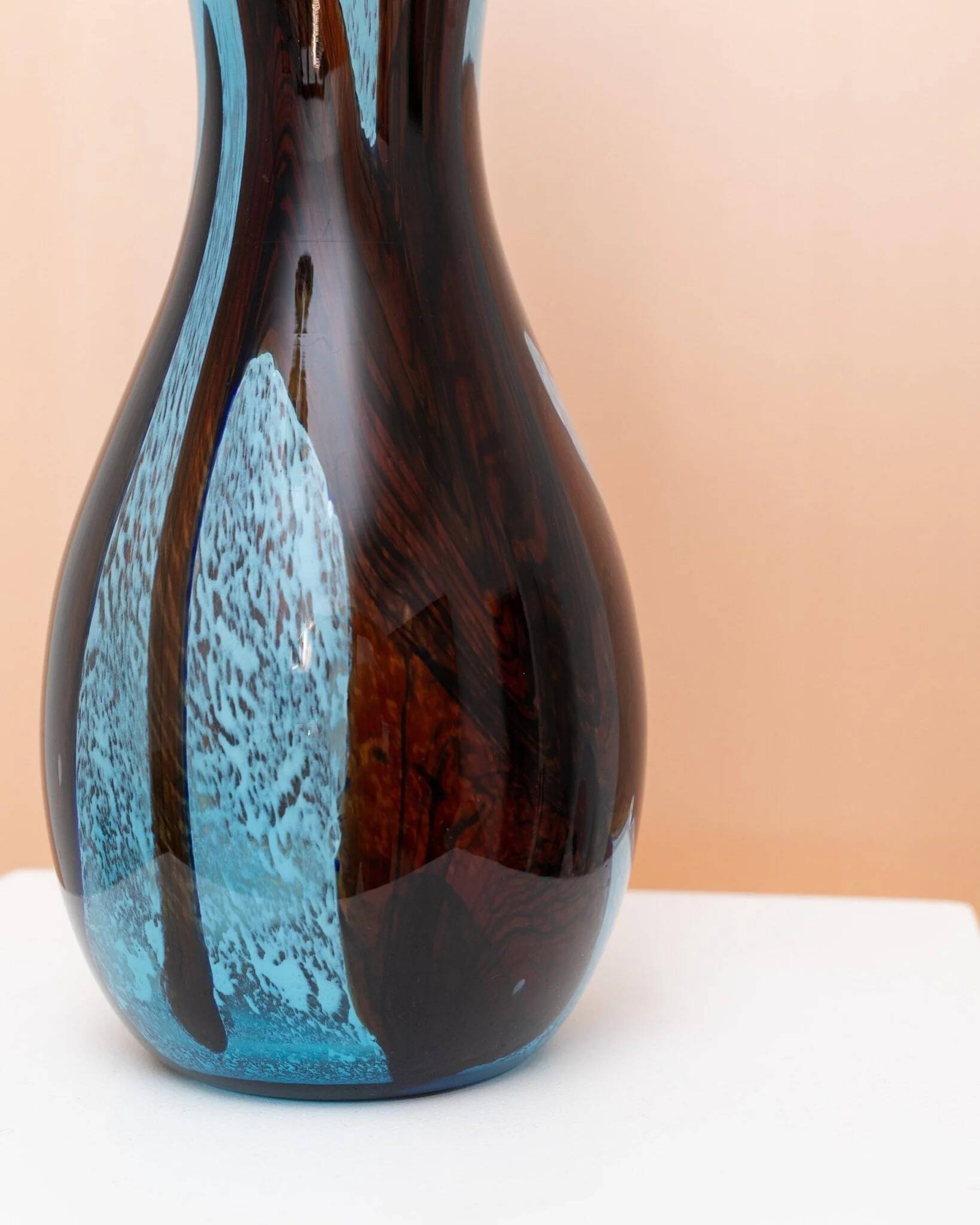 XL Murano glass vase - light blue and brown - mid-century vintage design table decoration - Italy 1970s