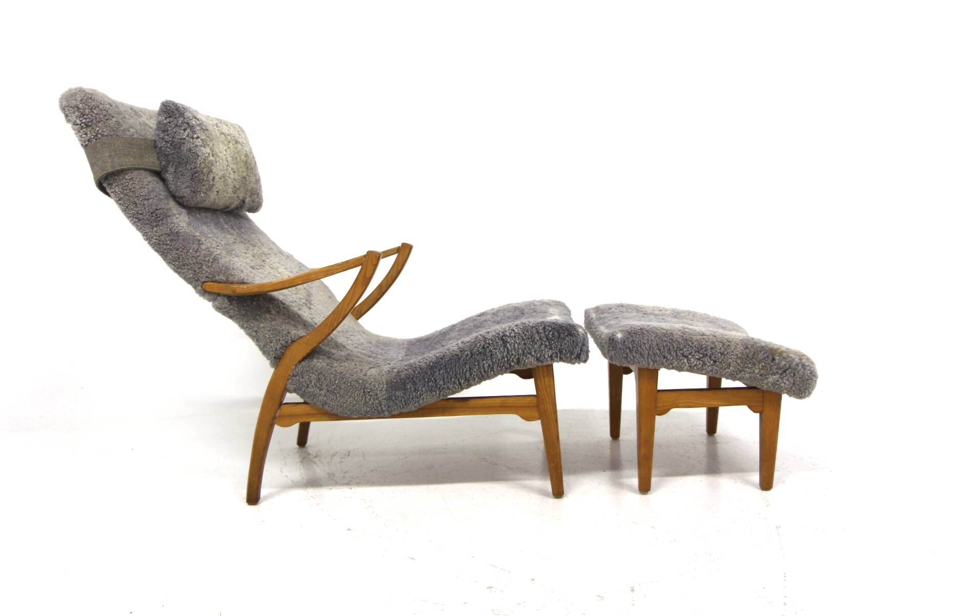 Scandinavian sheepskin armchair and footstool, Sweden, 1960