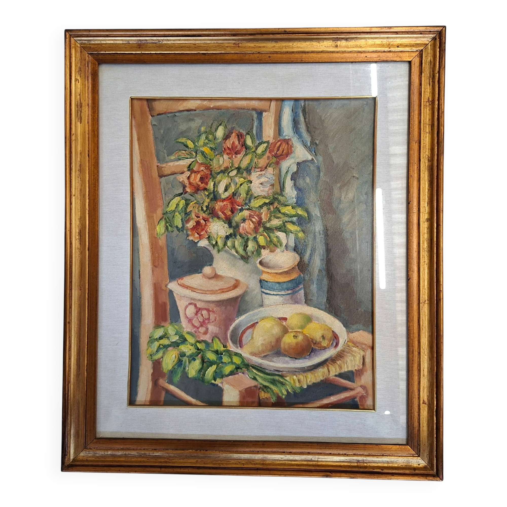 Nature Morte Élégante sur Chaise – Peinture à l'Huile avec Cadre Doré 59x69