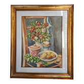Nature Morte Élégante sur Chaise – Peinture à l'Huile avec Cadre Doré 59x69