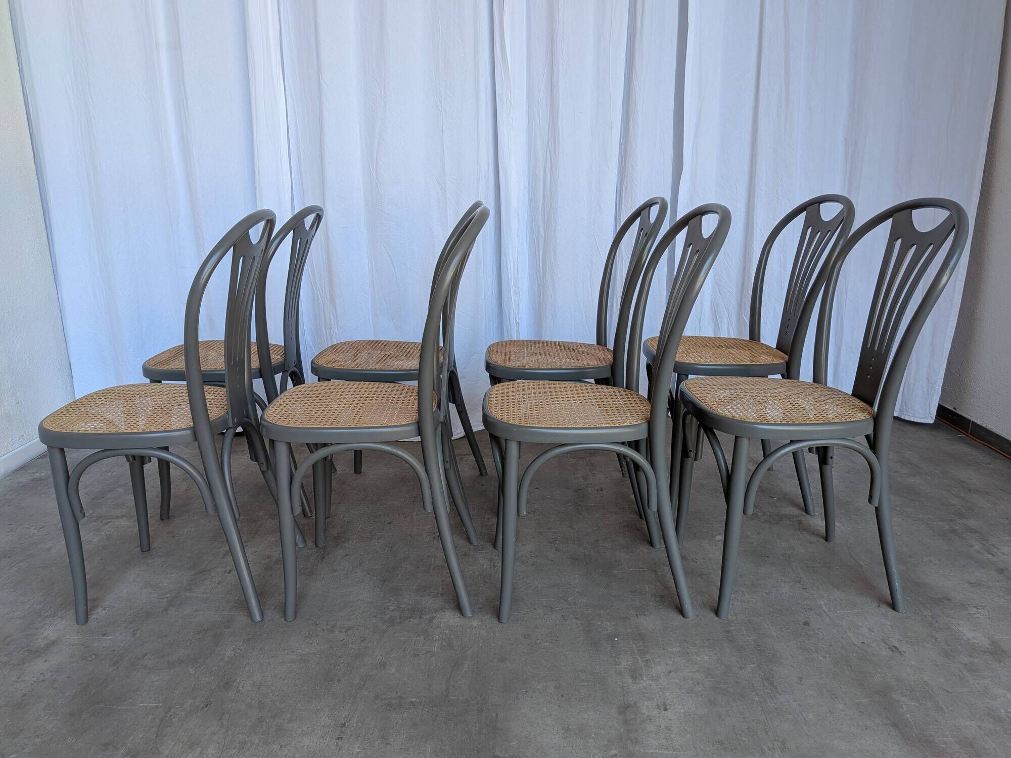 Set of 8 Vintage Gray Bentwood Dining Chair: Thonet Style Cane Seat