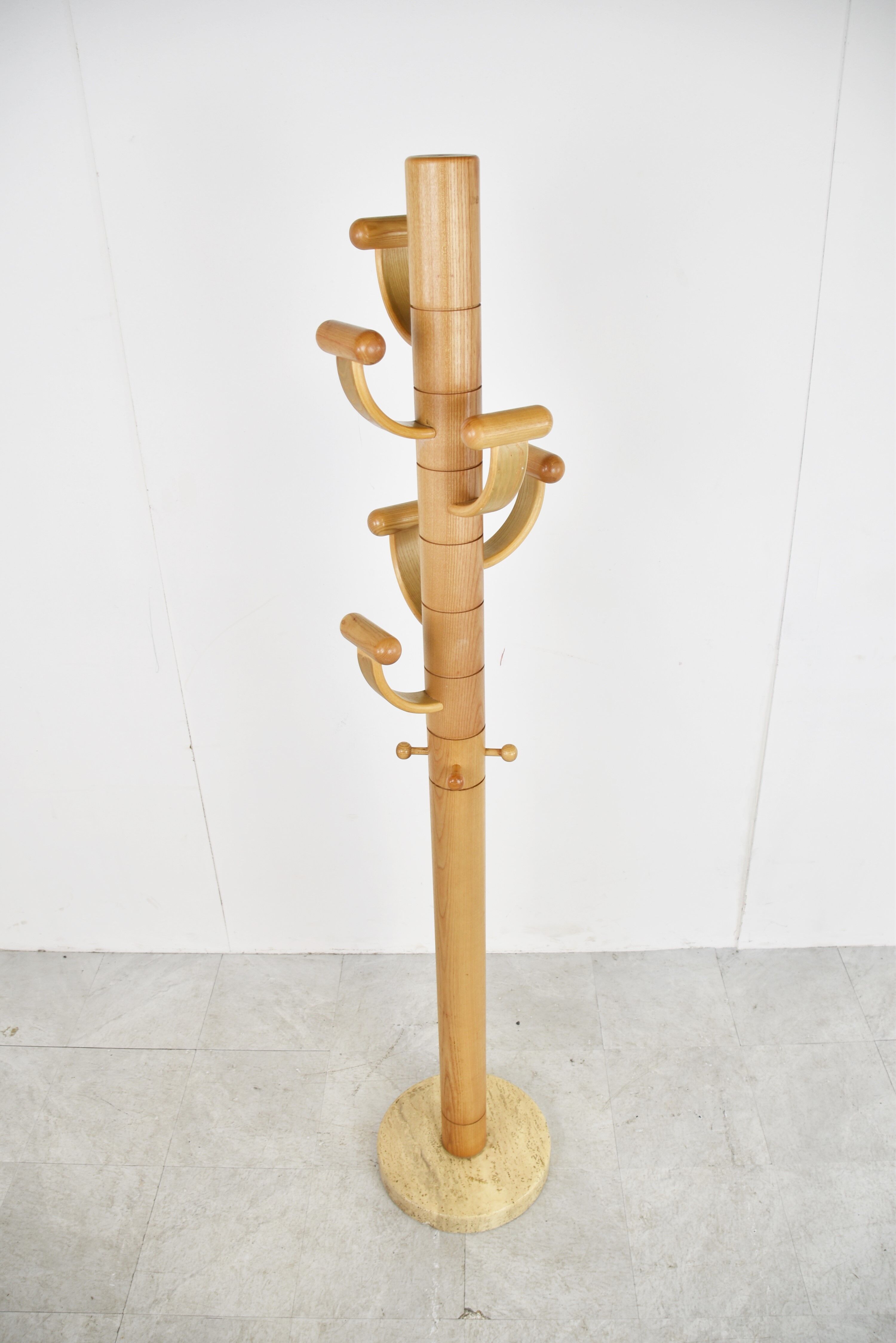 Modernist travertine and wood coat rack 1980s