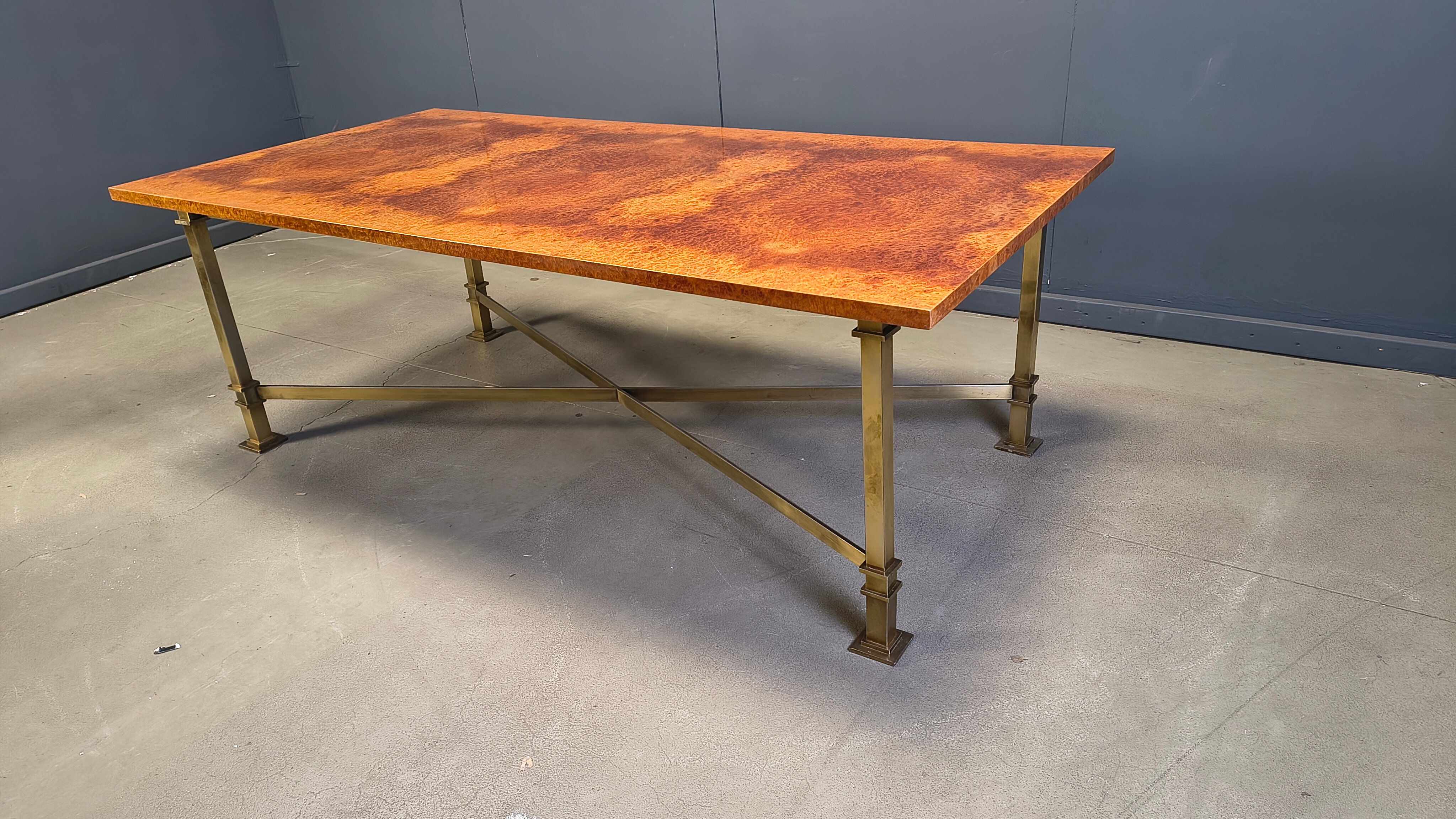Vintage burl wood and brass dining table by Belgochrom, 1970s