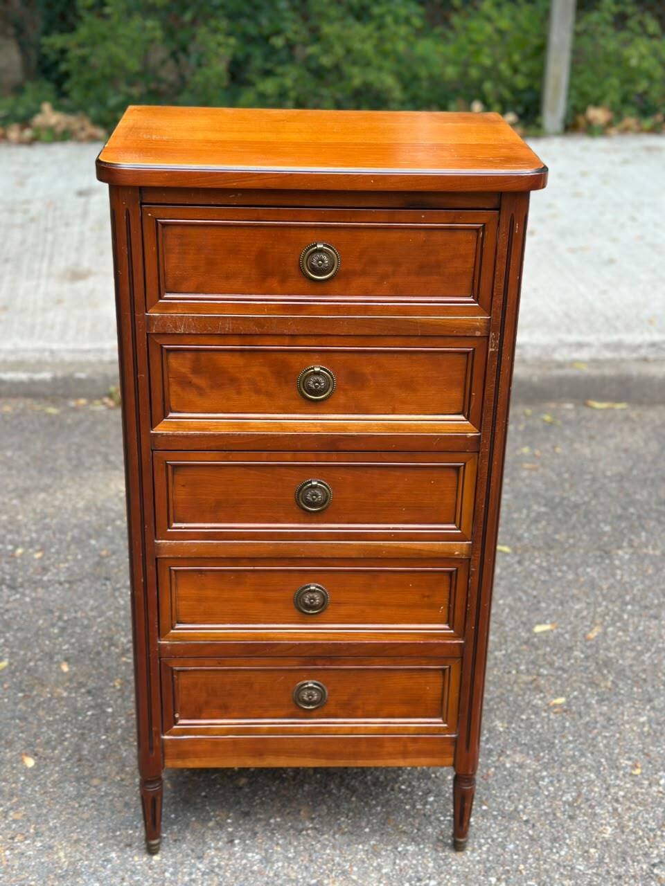 Louis XVI solid cherry wood chest of drawers with 5 drawers, 1980.