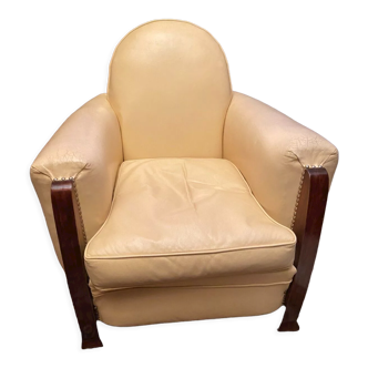 Club armchair in mahogany and beige leather 1930-1950