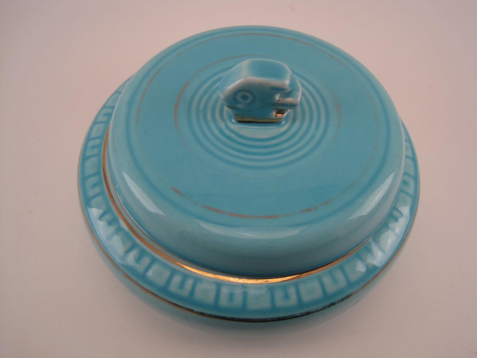 Turquoise blue earthenware candy box decorating stylized frieze fish Art Deco
