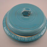 Turquoise blue earthenware candy box decorating stylized frieze fish Art Deco