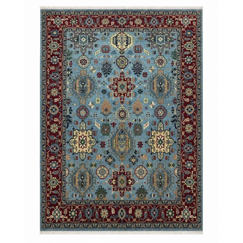 Hand-Knotted Wool Area Rug, Modern Floral Design Blue Carpet for Living Room