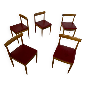 Set of 5 Scandinavian design chairs from the 60s vintage wood and red imitation leather