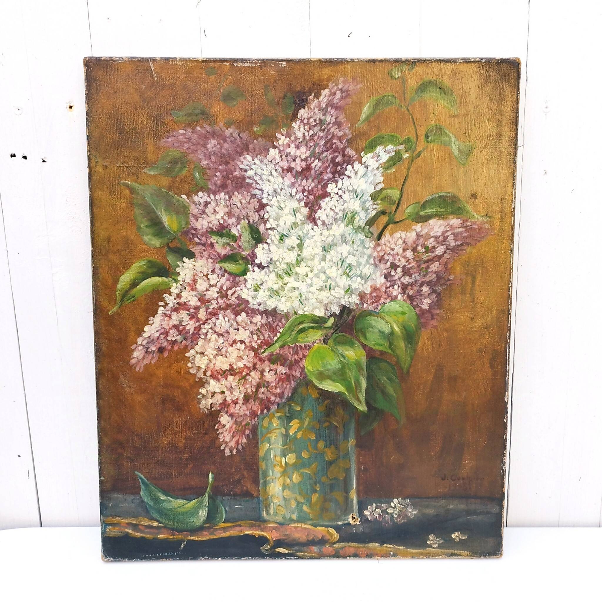 Oil painting on canvas bouquet of lilacs 1903 Vintage