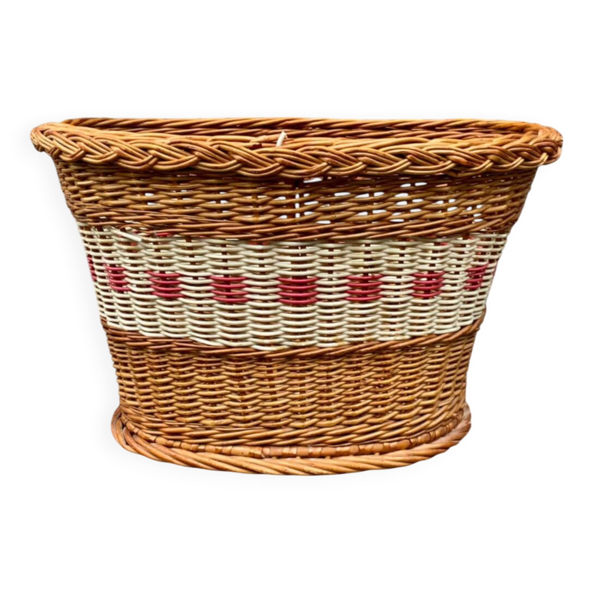 Old basket - wicker basket and woven scoubidou - 1960s