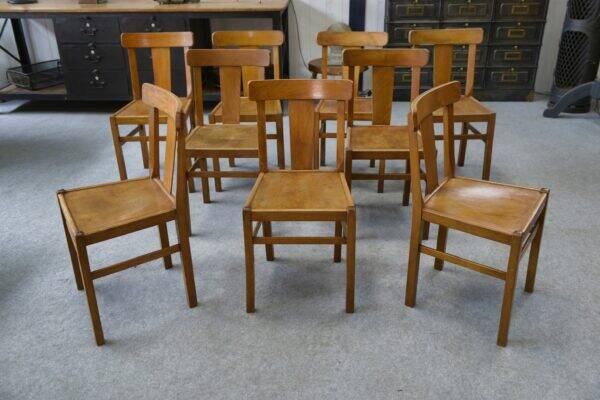 Set of 10 beech bistro chairs from the 1950s