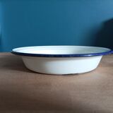 Round metal enamelled dish white edging blue dp 0323154