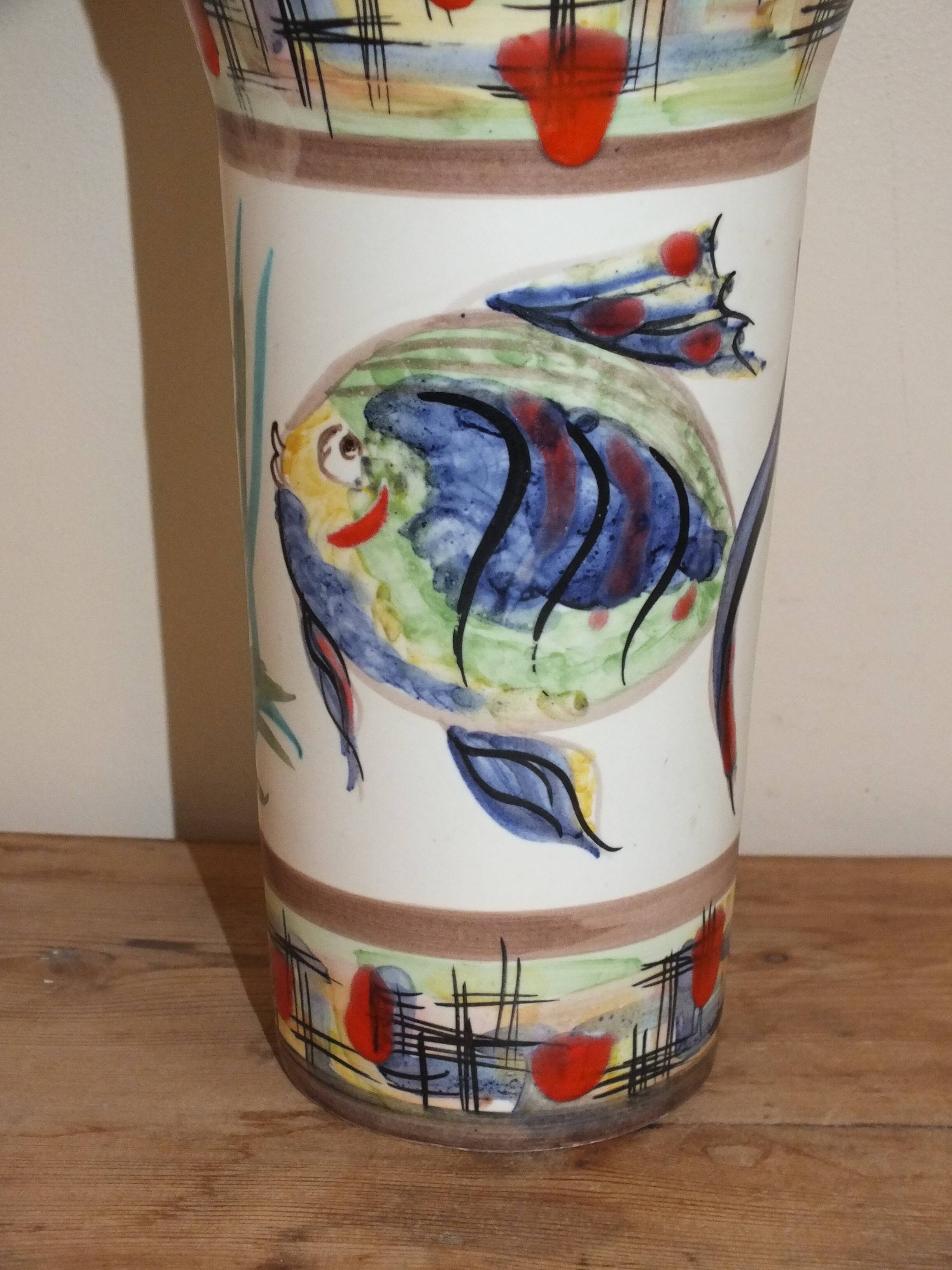 60s enamelled cone vase with fish decor, Vallauris signed Mj