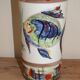60s enamelled cone vase with fish decor, Vallauris signed Mj
