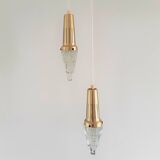 Set of 2 vintage glass & brass icicle pendant lamps for Vitrika, Denmark, 1960's/1970's