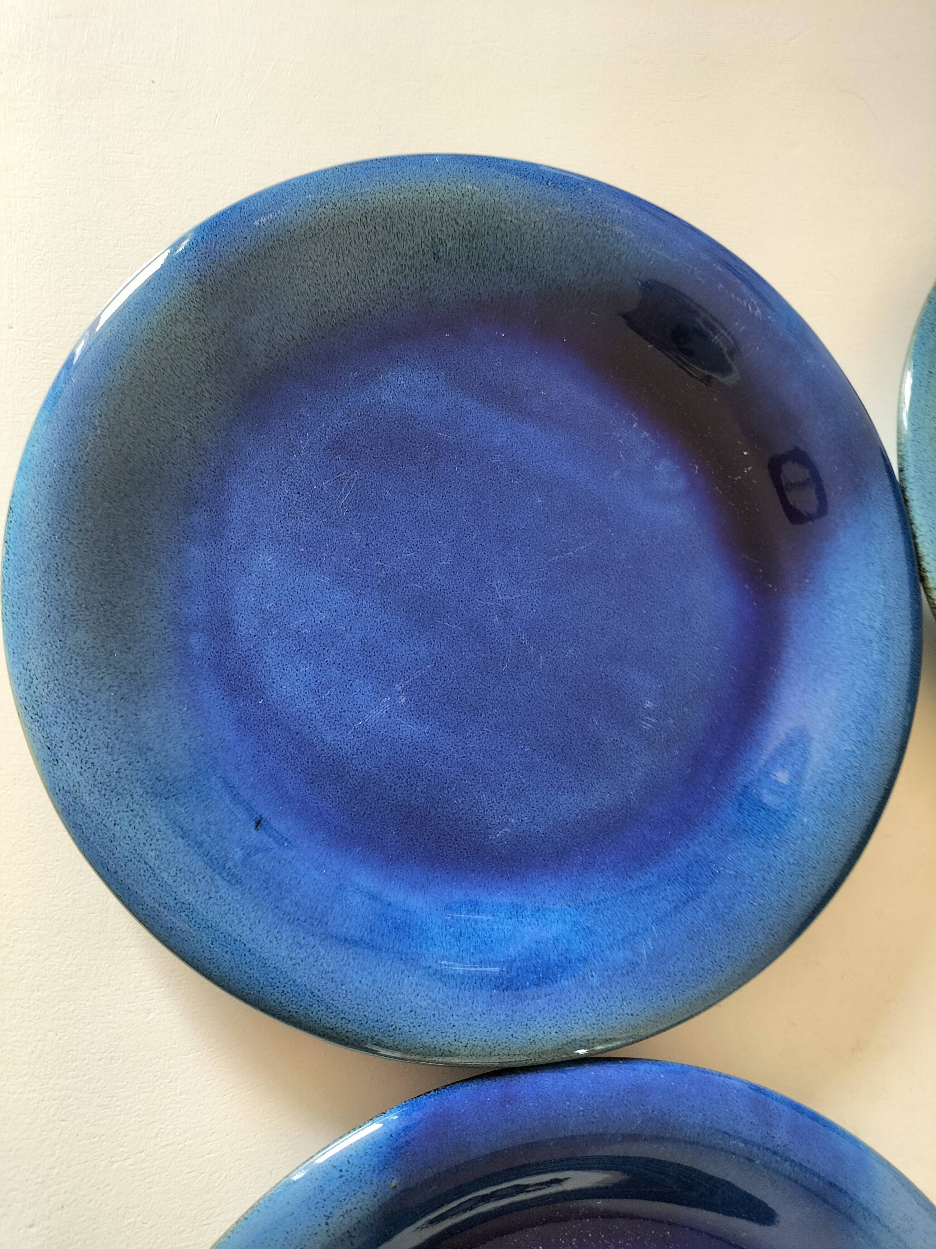 6 assiettes en grès émaillé – bleu cobalt & turquoise