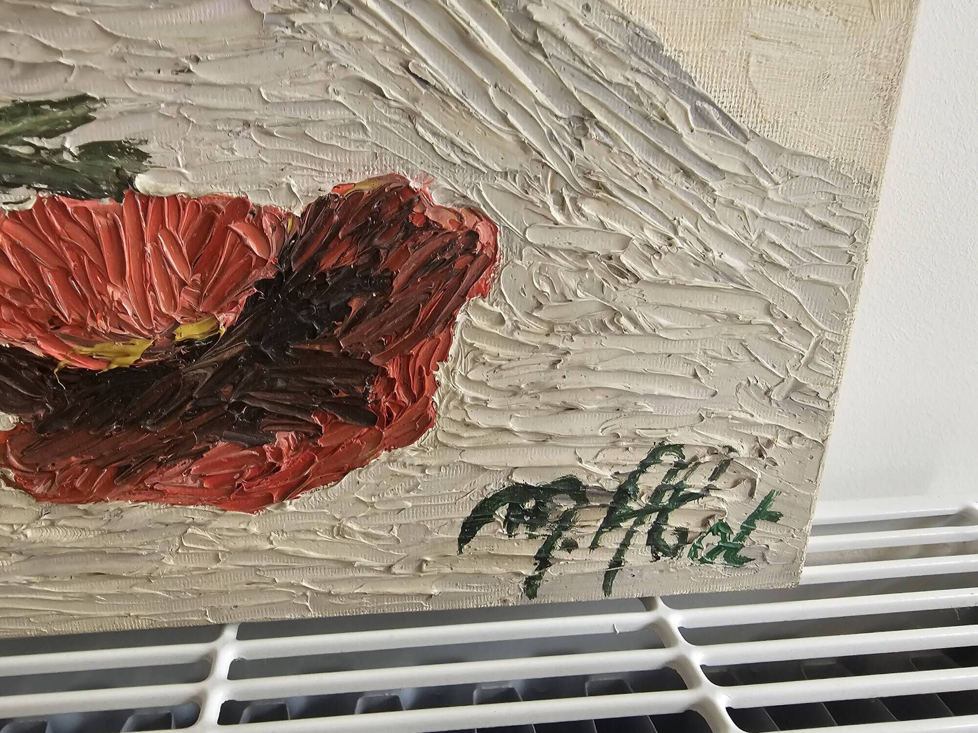 Oil on Canvas Knife Painting Still Life Flowers Poppies Signed M