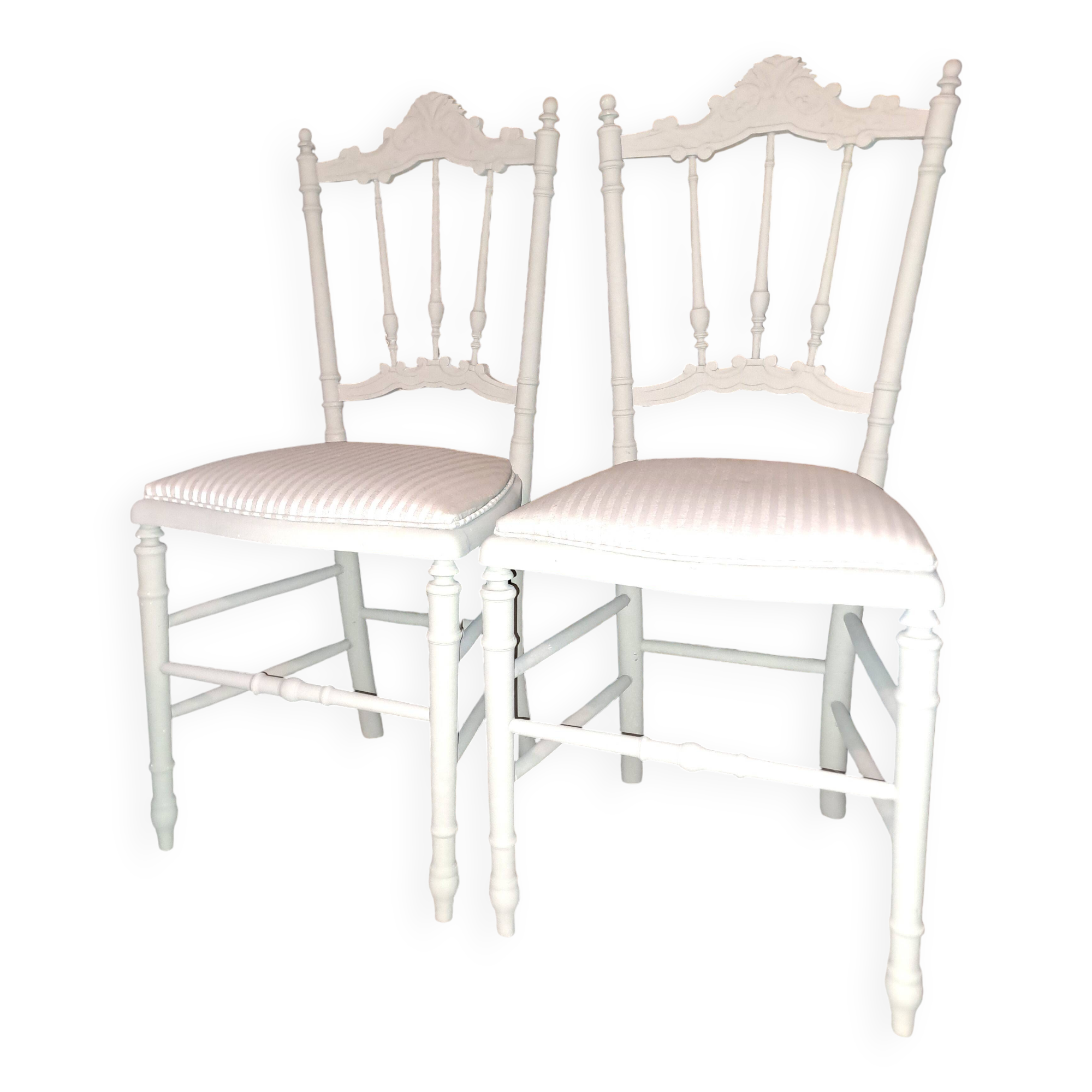Lot of 2 empire style opera chairs redone in 19th century striped fabric, beige color