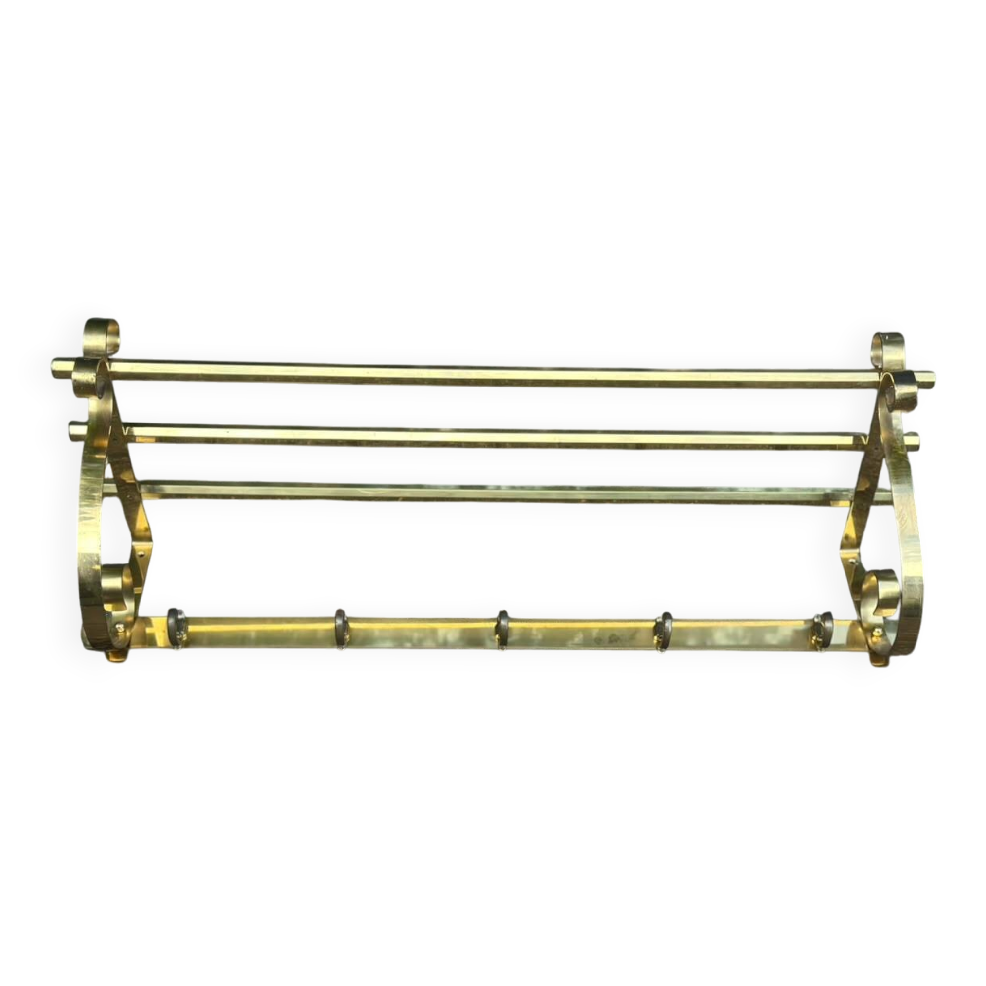 Hollywood Regency wall coat rack, gold brass, hat shelf, 1960s.