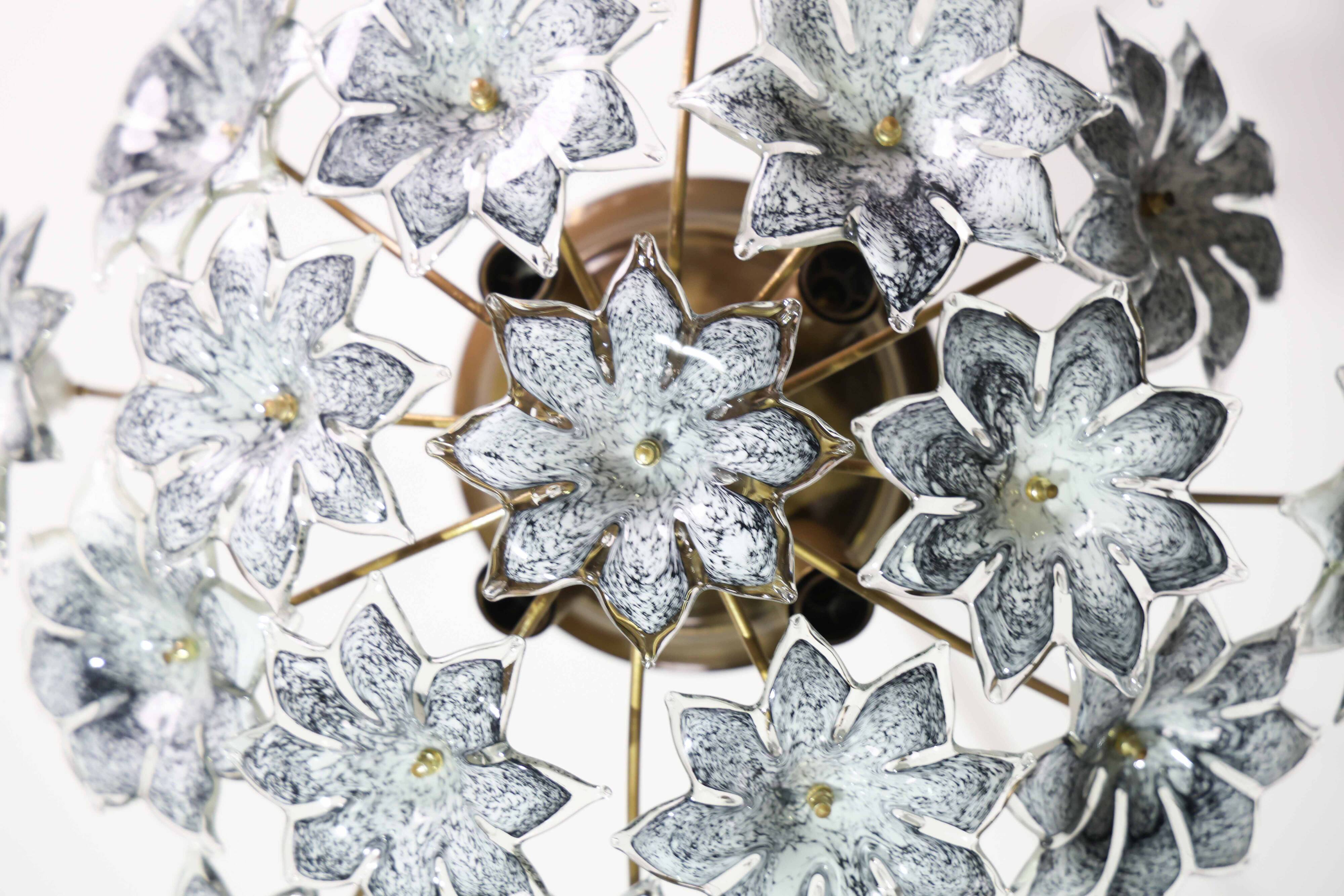 Large Murano Vintage Ceiling Light Black Flowers, 1970s
