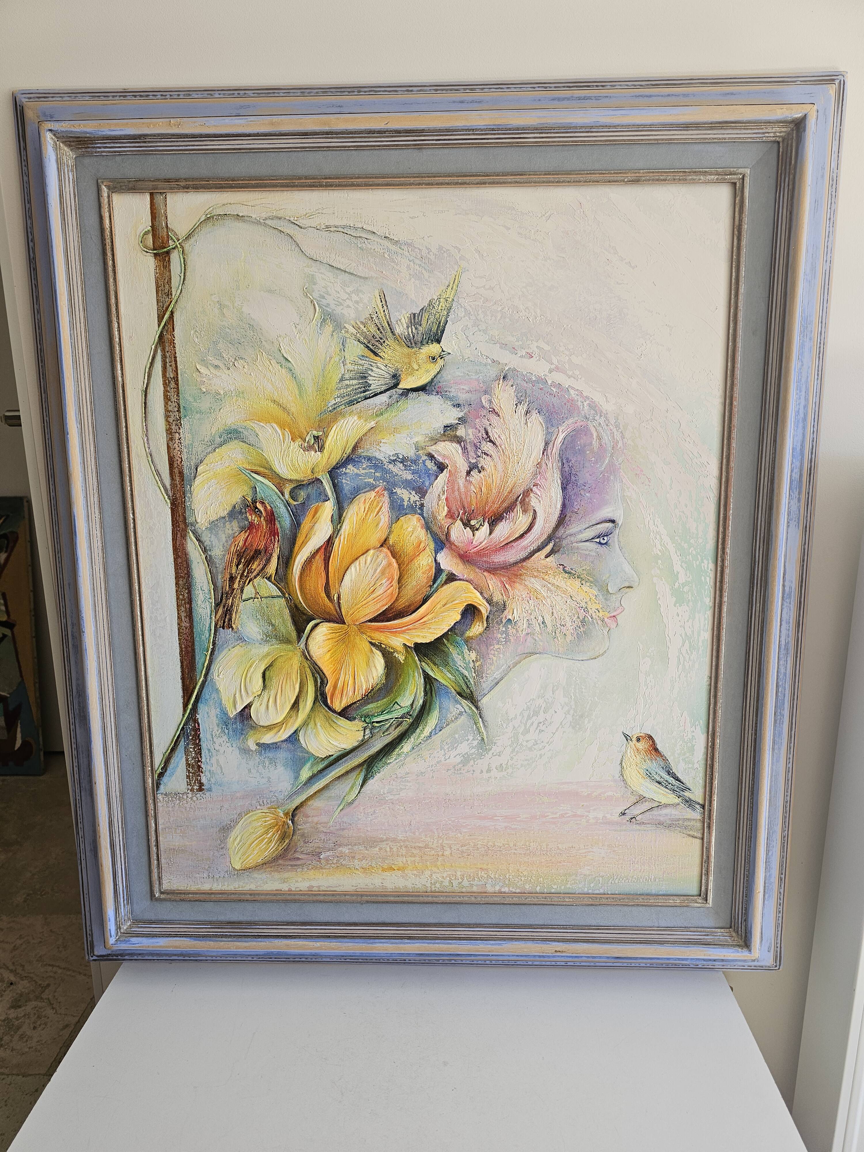 Tableau Huile sur Toile Onirique Profil féminin, fleurs, Oiseaux Michallon