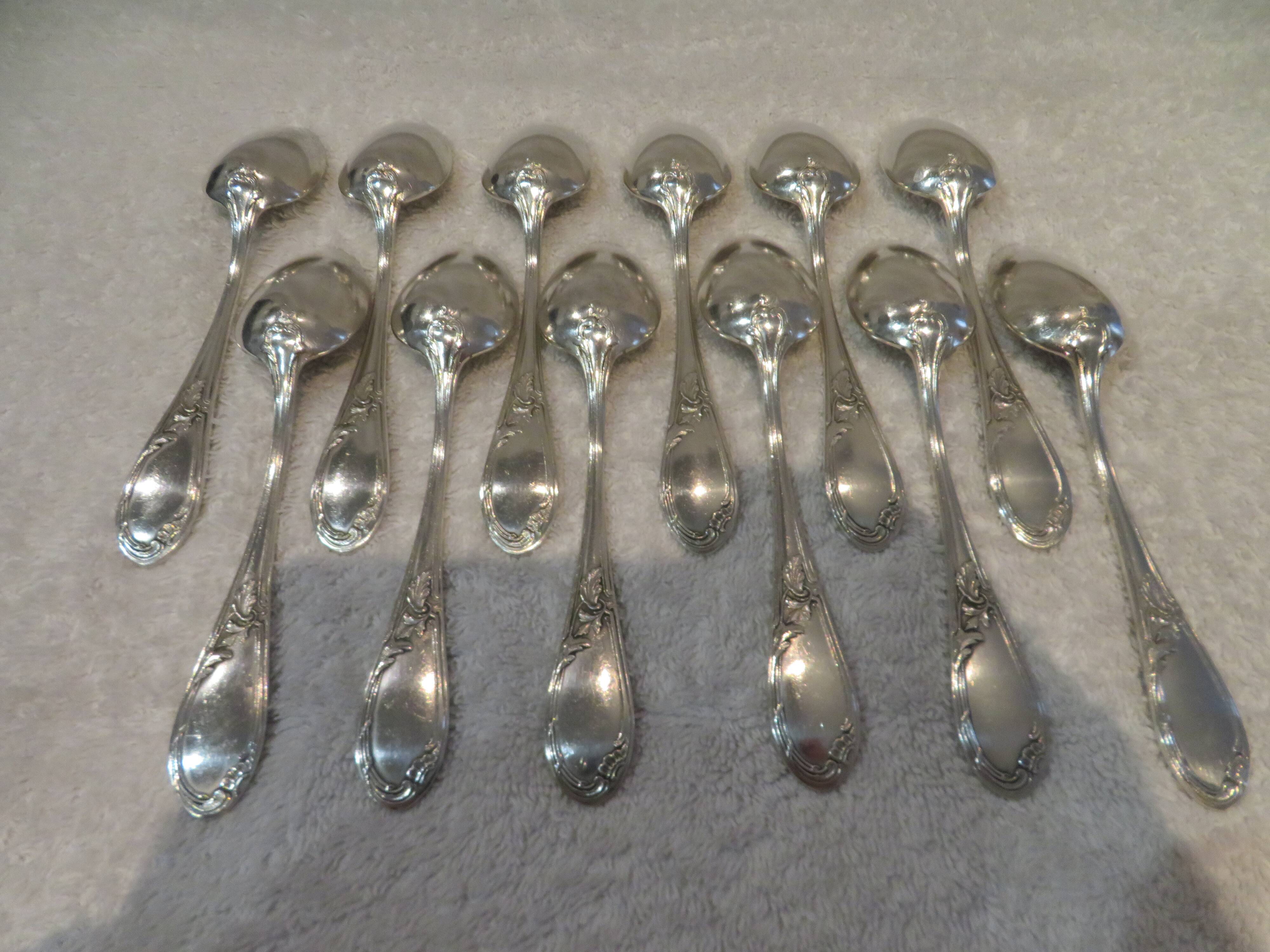 12 silver-plated metal teaspoons, goldsmith J Brille, rocaille ribbon decor