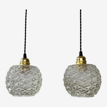 Pair of vintage molded glass pendant lamps