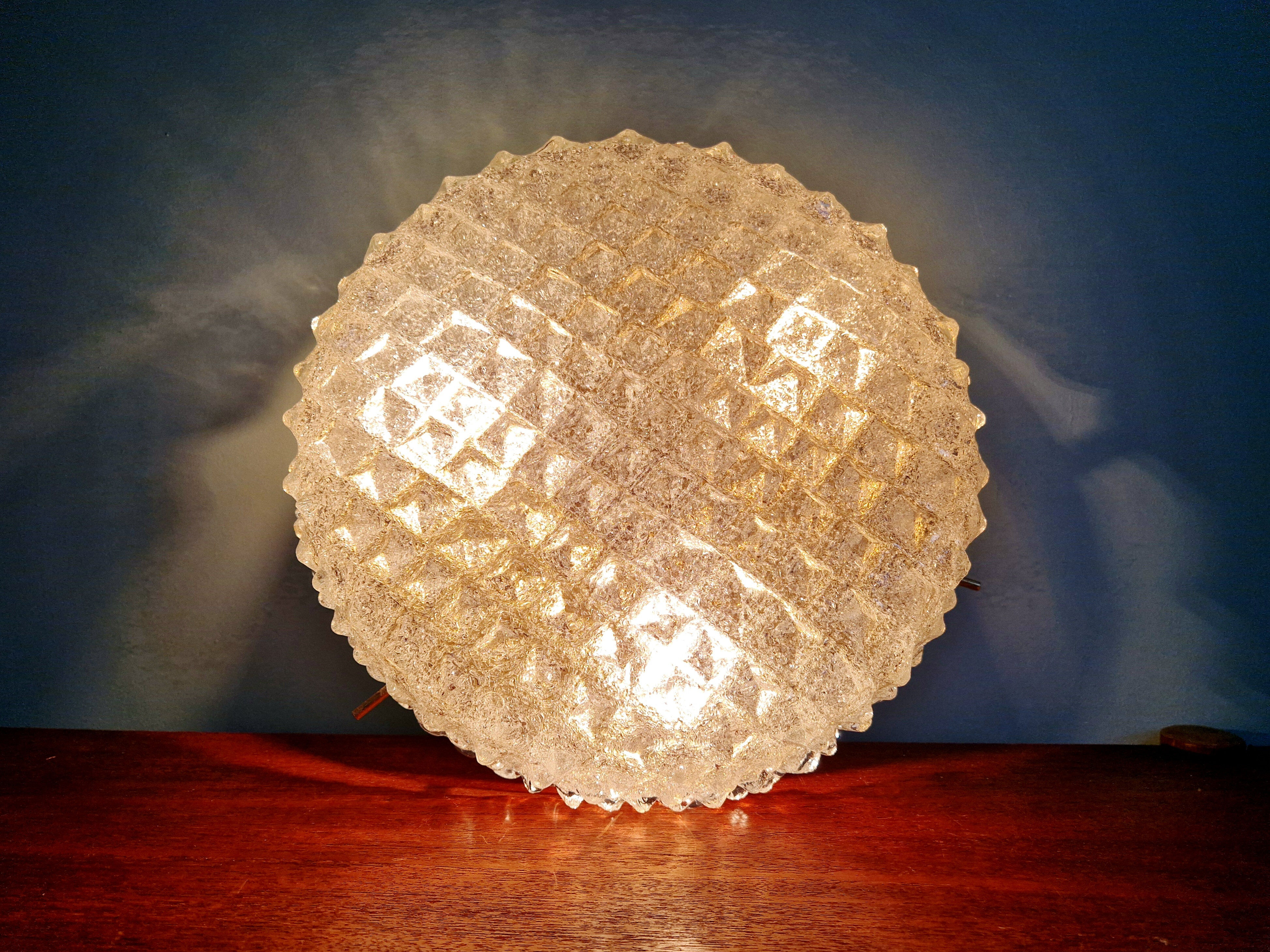 Large brass and frosted glass ceiling light, Hillebrand Lighting, 1970.