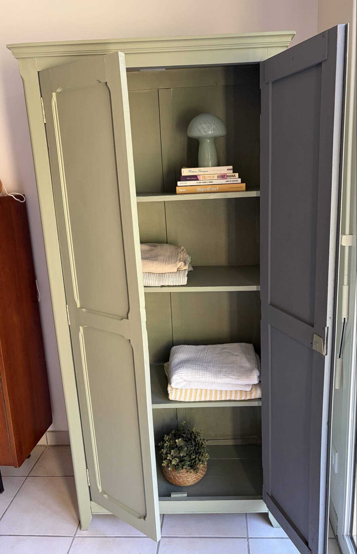 Antique Parisian wardrobe in sage green patina