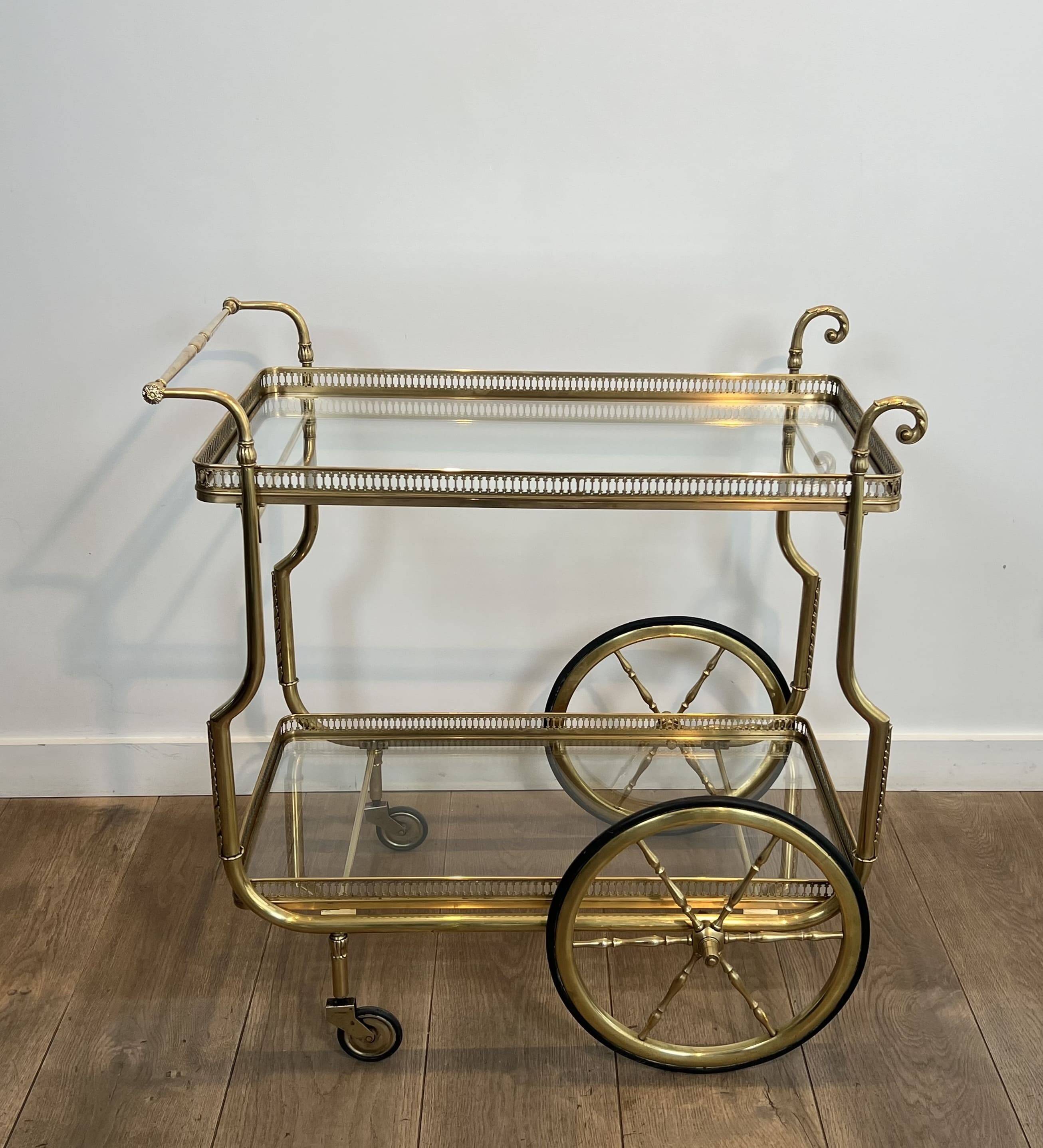 Rolling Table with Large Brass and Glass Wheels, Maison Jansen, Circa 1940