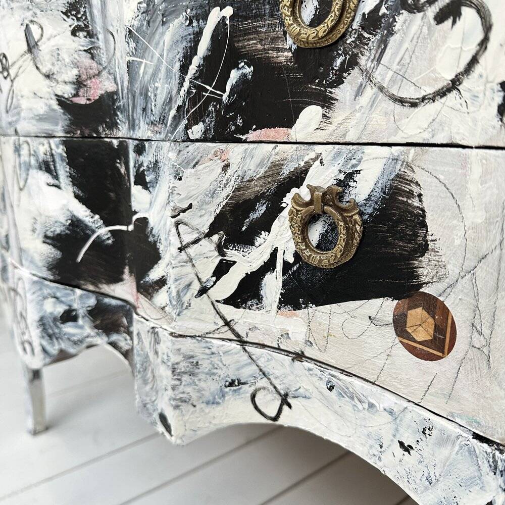 Baroque Abstract Painted Commode in Black and White by Felix Bachmann, 2024