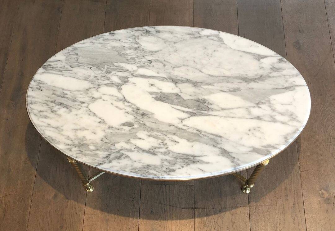 Neoclassical Oval Coffee Table in Brass and Carrara Marble, Janse House