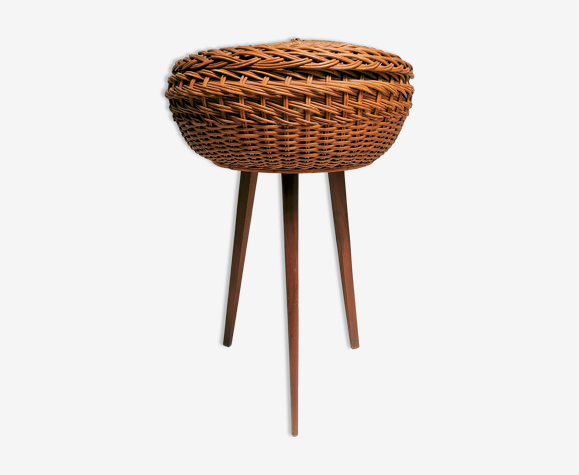 Panier osier travailleuse vintage tripode pied compas années 50 60