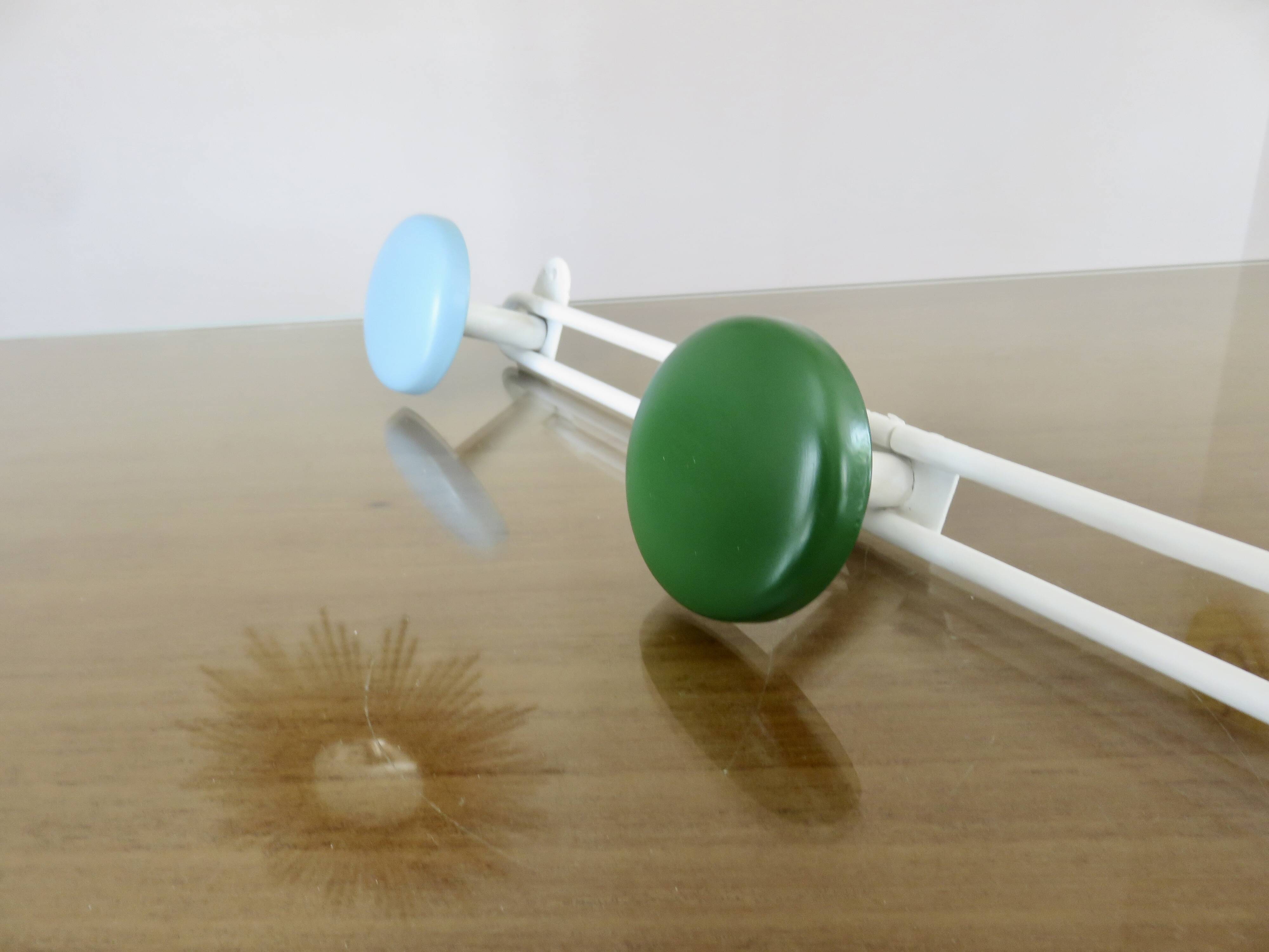 Metal coat rack, 3 colored hooks from the 60s and 70s