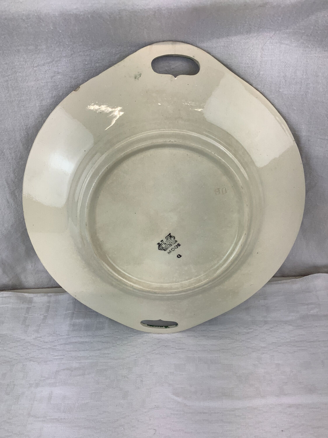 Round dish with old handles made in France Sarreguemines U&C