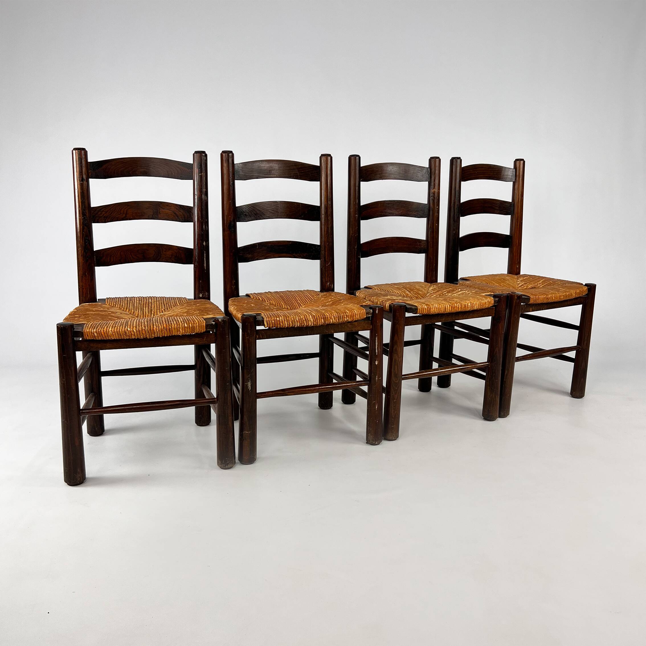 Set of 4 French Pine and Rush Dining Chairs, 1960s