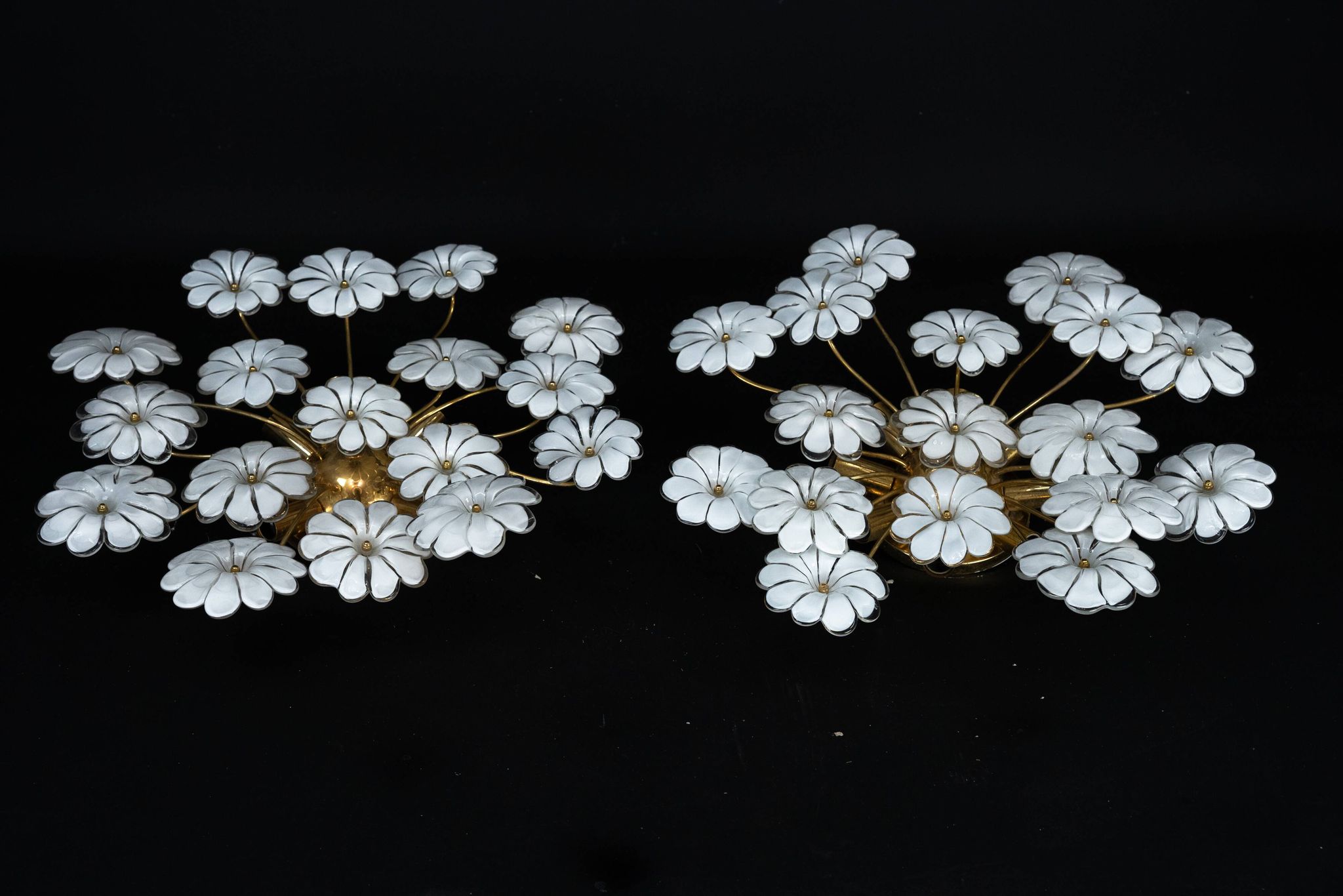 Pair of Murano white flower ceiling lamps. Italy 1980s