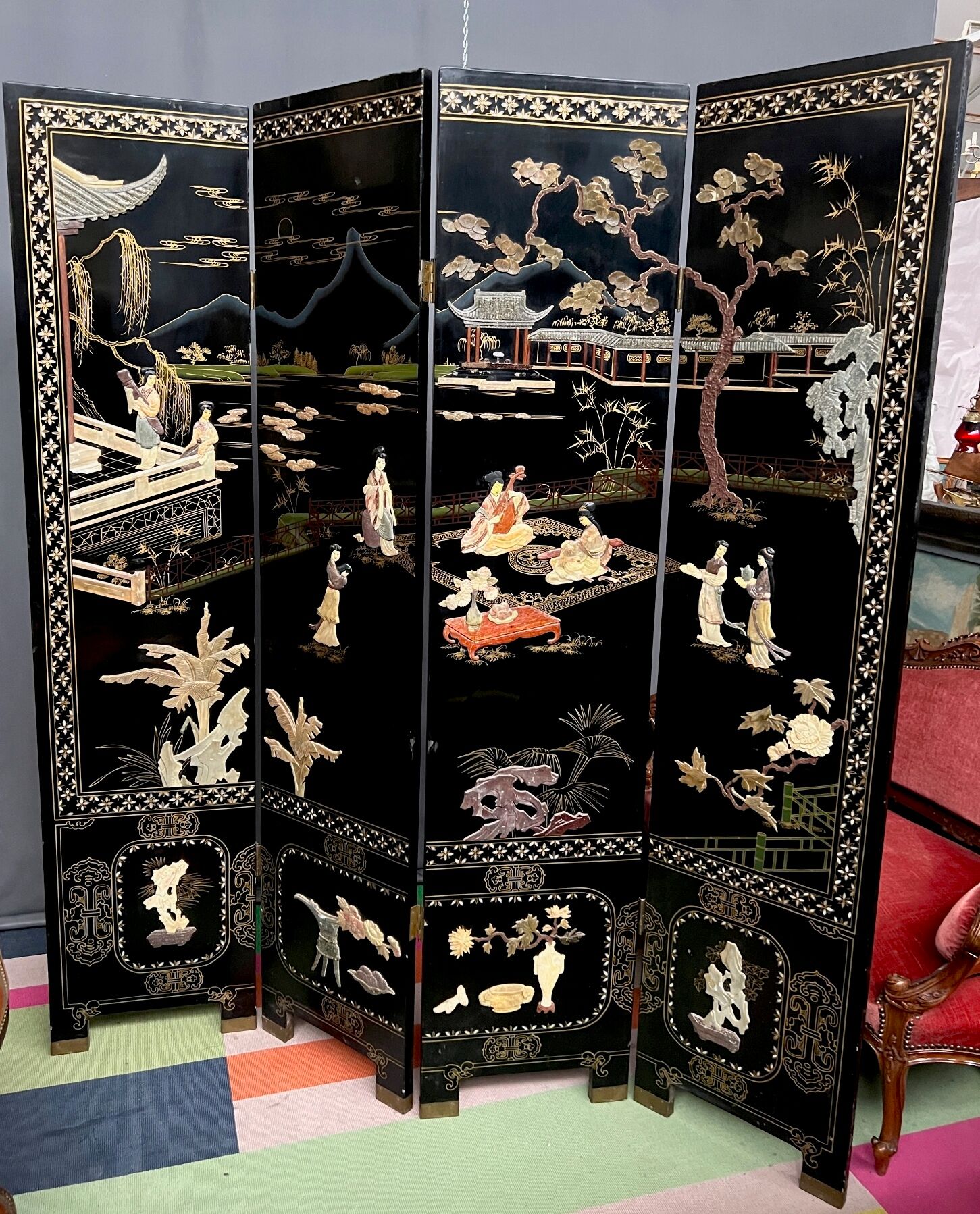 Antique Chinese bedroom screen, inlay of soapstone, jade, ivory, mother-of-pearl