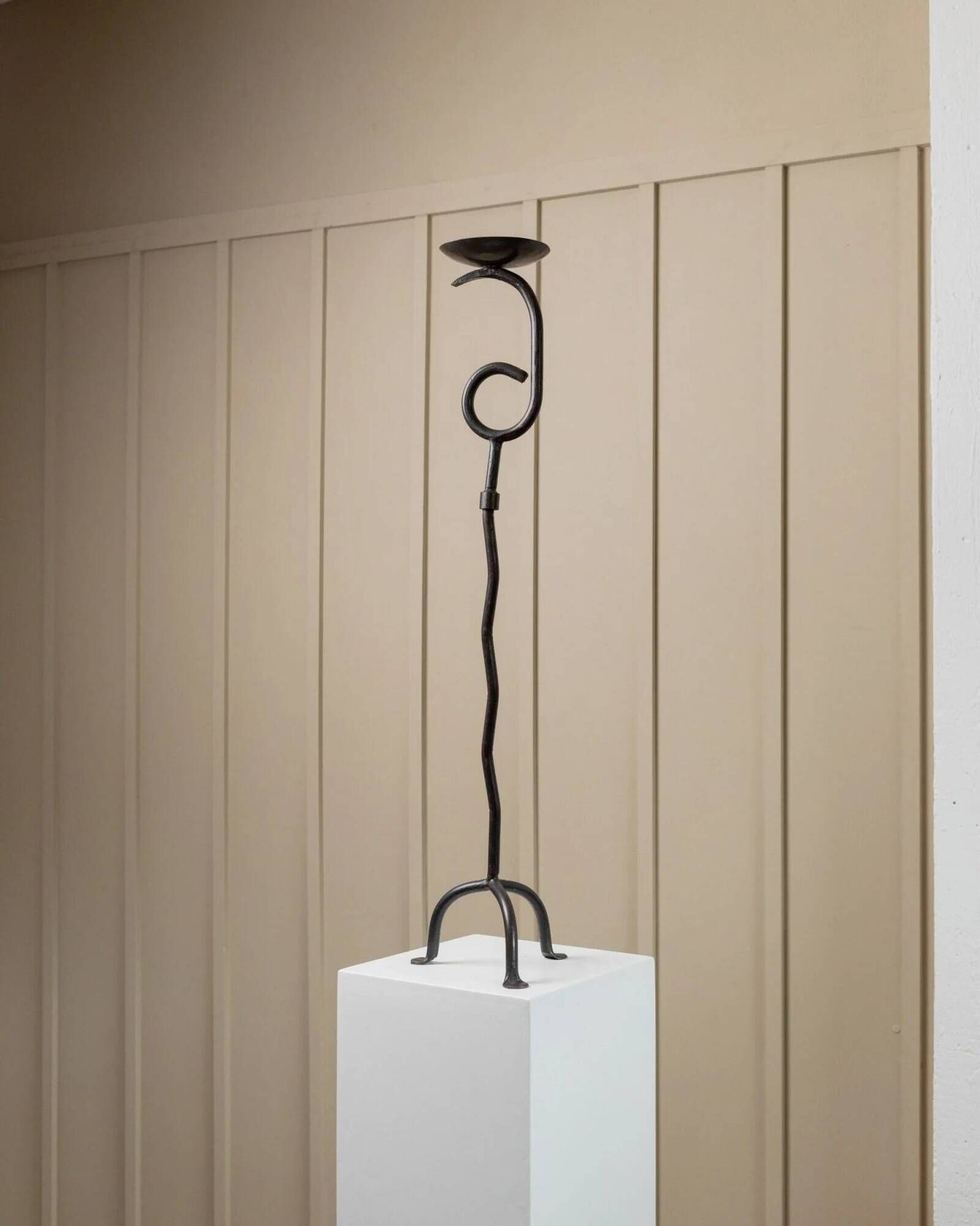 XXL vintage hand-forged iron candlestick, black iron, brutalist wave design, Made in Italy 1970s