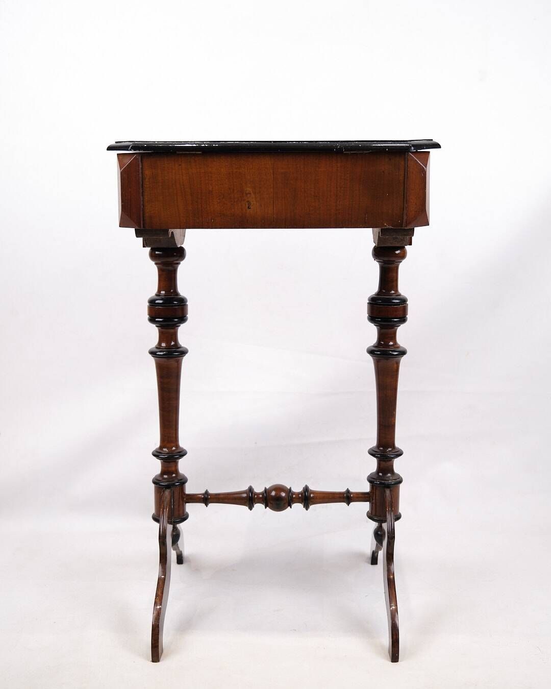 Antique sewing/side table with built-in storage - hand polished mahogany - turned legs - year 1890s