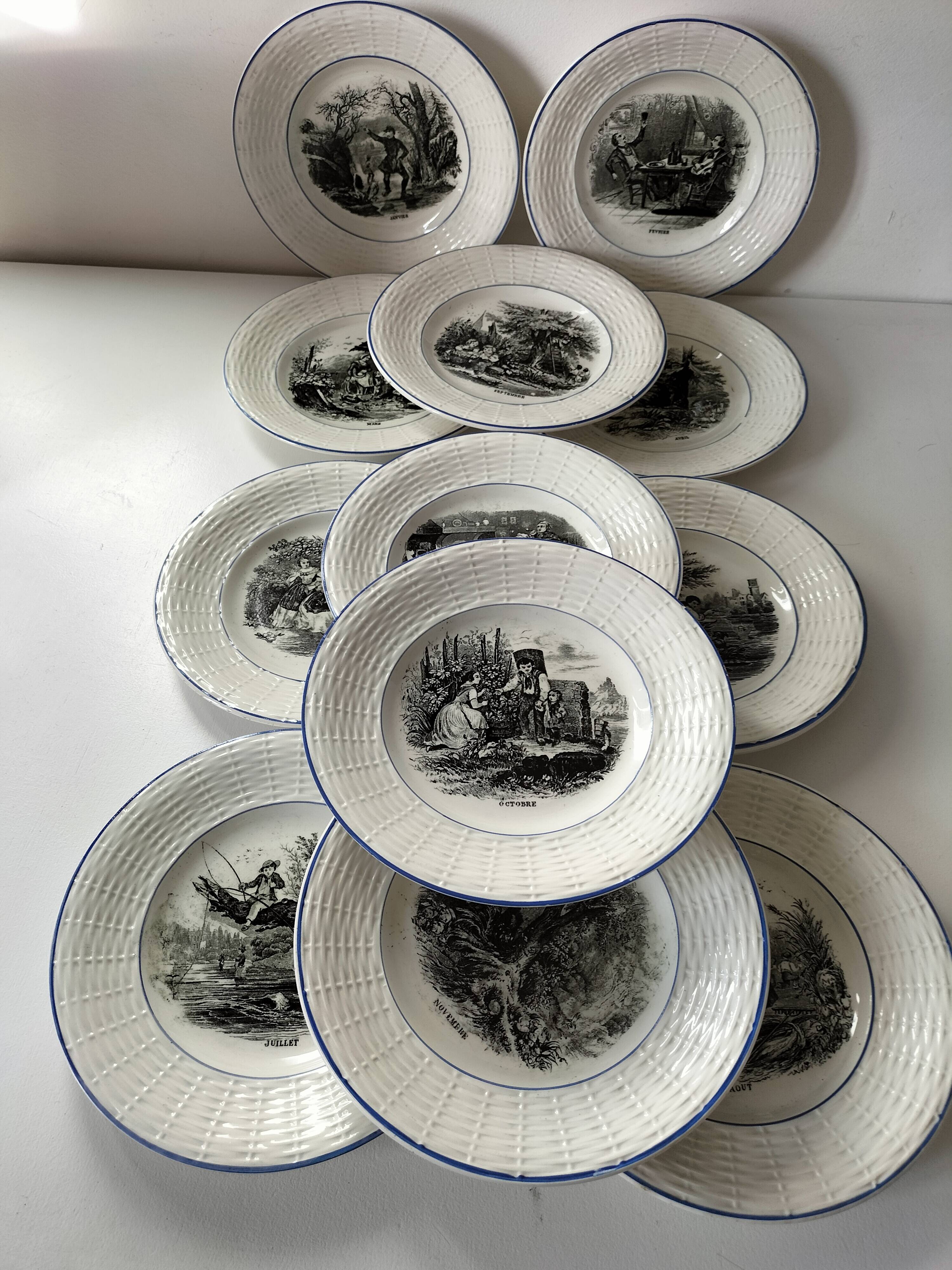 Série complète 12 assiettes Digoin Sarreguemines – Les 12 mois (1900-1920)